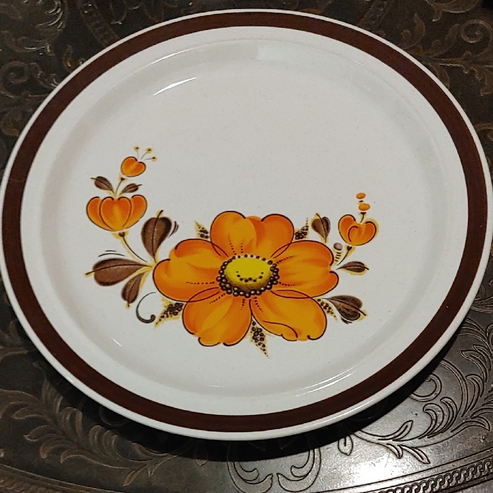 Vintage Floral Plate with Orange and Brown Design